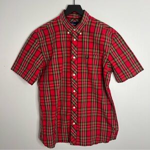 Fred Perry Short Sleeve Tartan Button Down Shirt Mens Large Red M4352